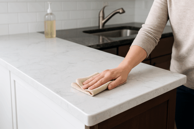 Modern kitchen with granite and quartz countertops being cleaned with a soft cloth, showing simple countertop maintenance.