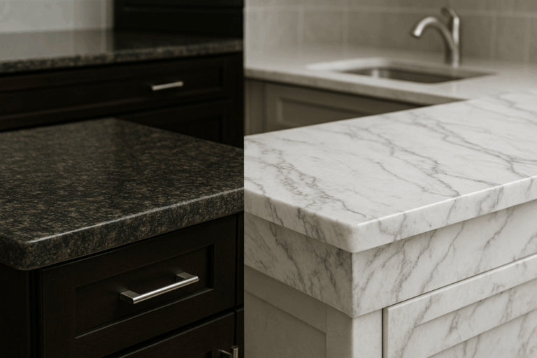 Split view of a modern kitchen showing a dark granite countertop with dark cabinetry on one side and a light quartz countertop with soft veining and light cabinetry on the other.