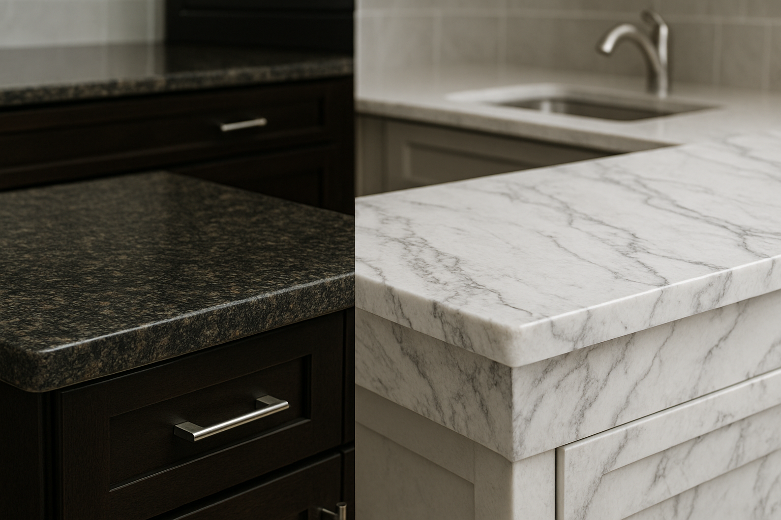 Split view of a modern kitchen showing a dark granite countertop with dark cabinetry on one side and a light quartz countertop with soft veining and light cabinetry on the other.
