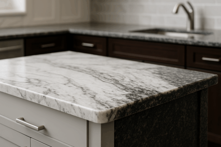 Close-up view of a modern kitchen island with a polished white-and-gray quartz countertop and dark granite perimeter counters.