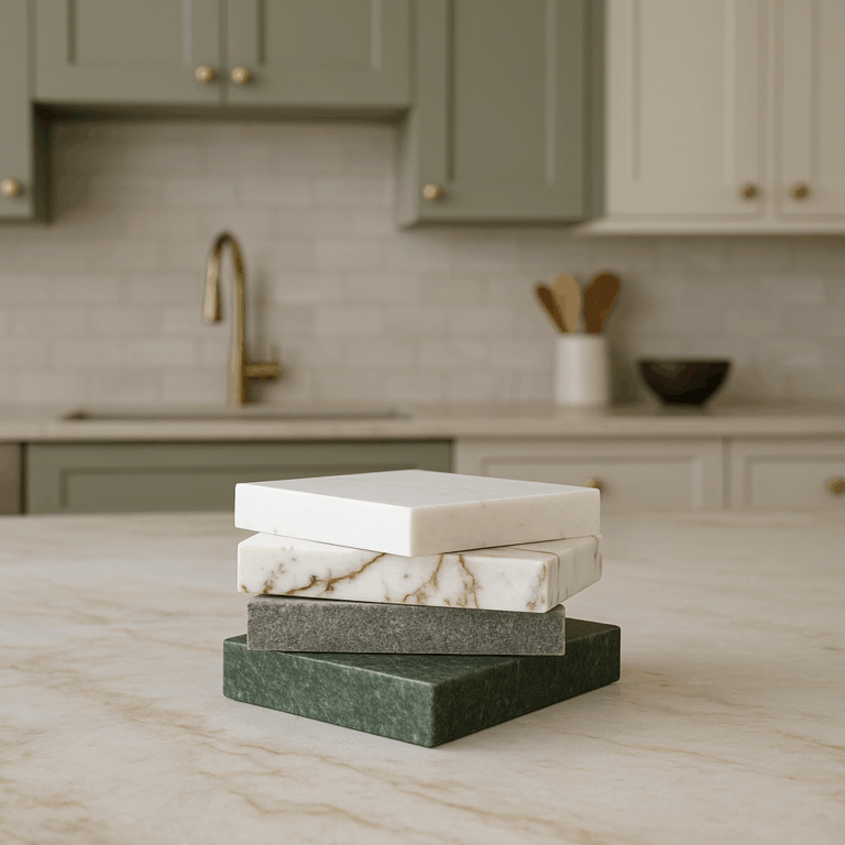Stack of stone countertop samples in green, gray, and white tones on a marble island in a modern kitchen by H A Stoneworks showcasing 2026 countertop color and pattern trends.