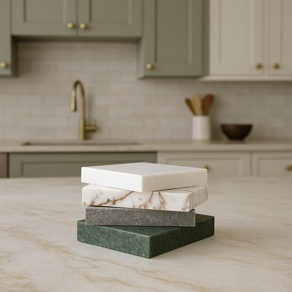 Stack of stone countertop samples in green, gray, and white tones on a marble island in a modern kitchen by H A Stoneworks showcasing 2026 countertop color and pattern trends.
