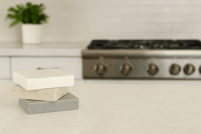 Stack of quartz, granite, and stone countertop samples in a modern kitchen by H A Stoneworks showcasing 2026 countertop material trends.