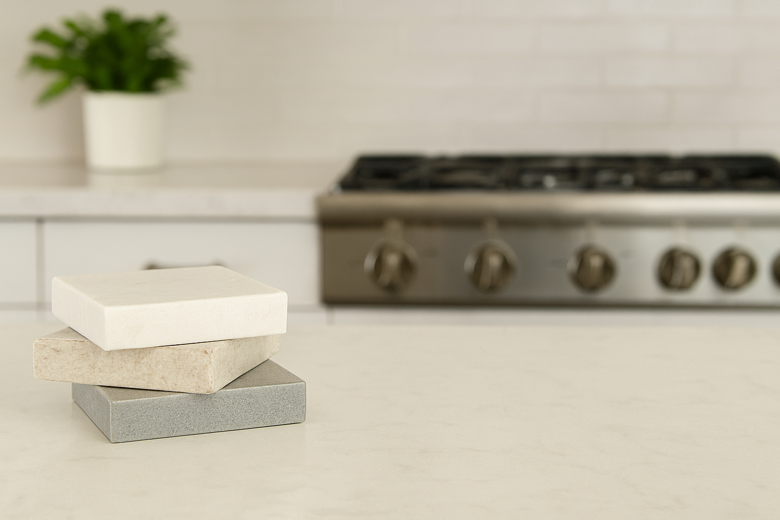 Stack of quartz, granite, and stone countertop samples in a modern kitchen by H A Stoneworks showcasing 2026 countertop material trends.