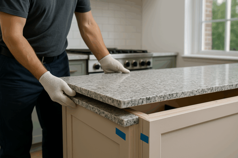 Professional installer placing a granite countertop in a modern kitchen with soft natural light, showcasing precise craftsmanship by H A Stoneworks.