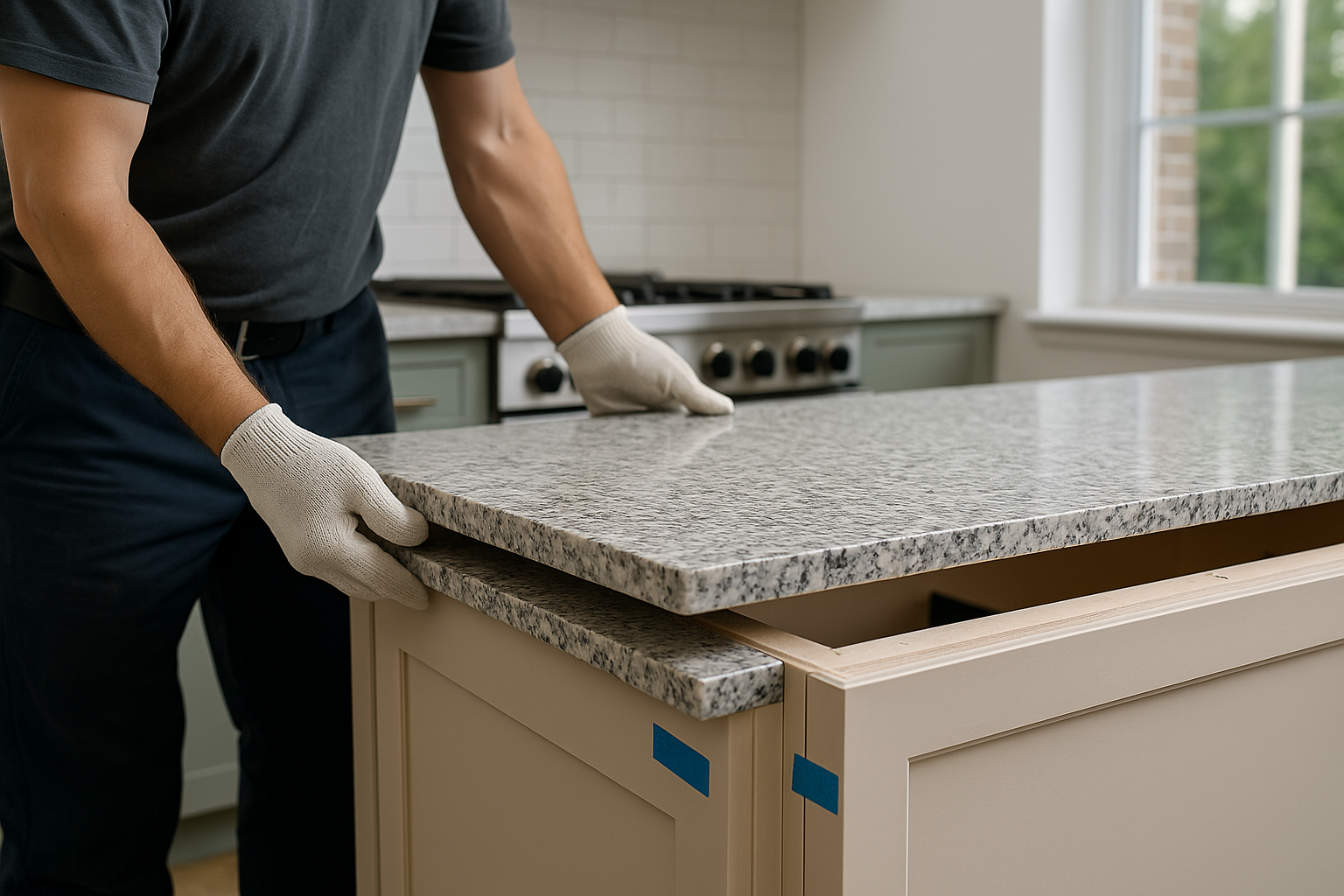 Professional installer placing a granite countertop in a modern kitchen with soft natural light, showcasing precise craftsmanship by H A Stoneworks.