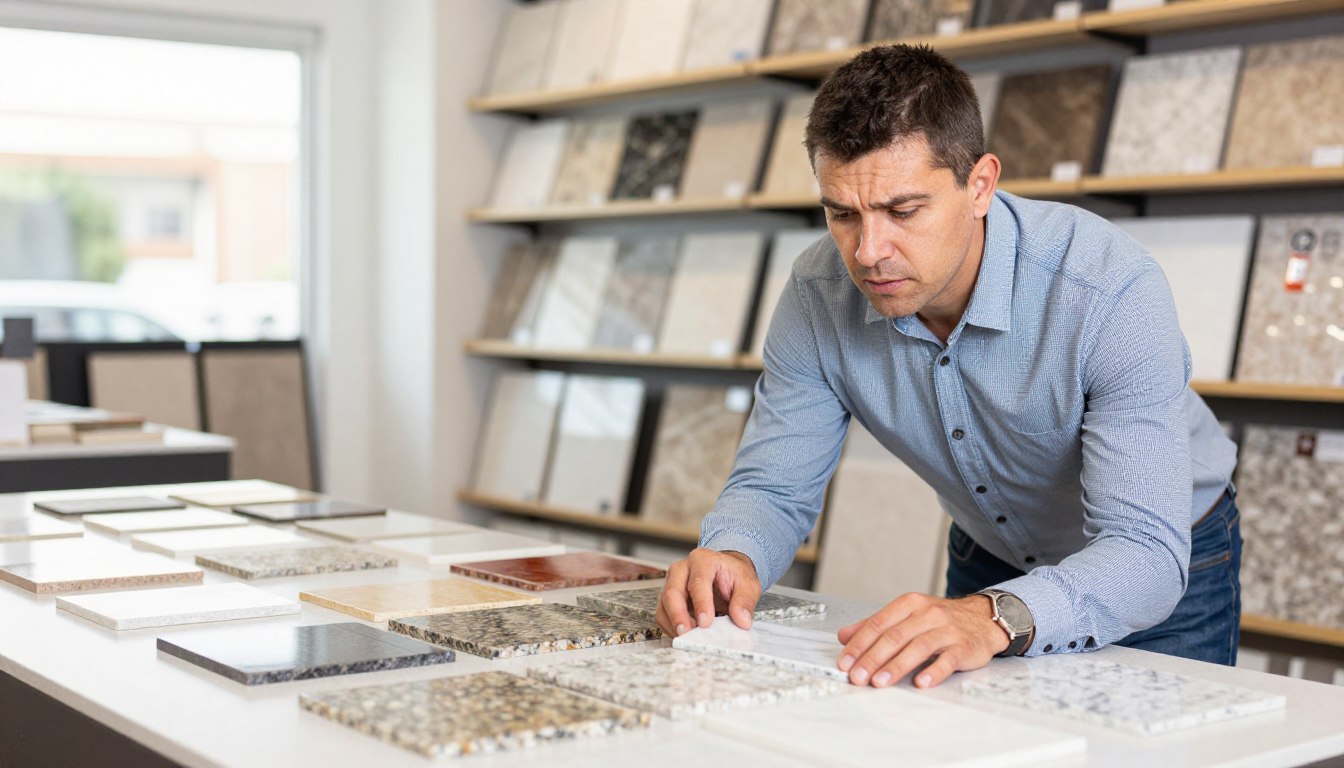 homeowner reviewing countertop samples